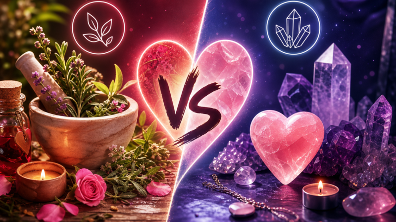 Comparativo: simpatias com ervas ou cristais — qual funciona melhor no amor?